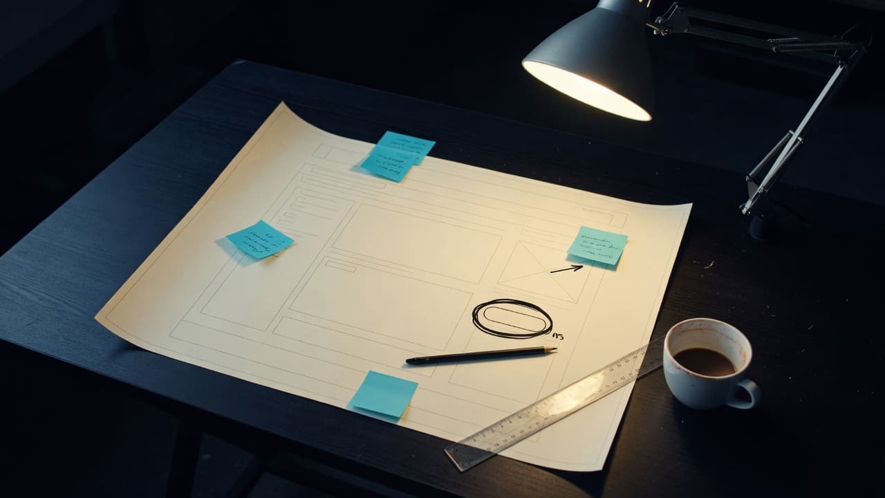 A printed webpage mockup on a drafting table with cyan sticky notes attached to specific elements and one element circled in pencil.