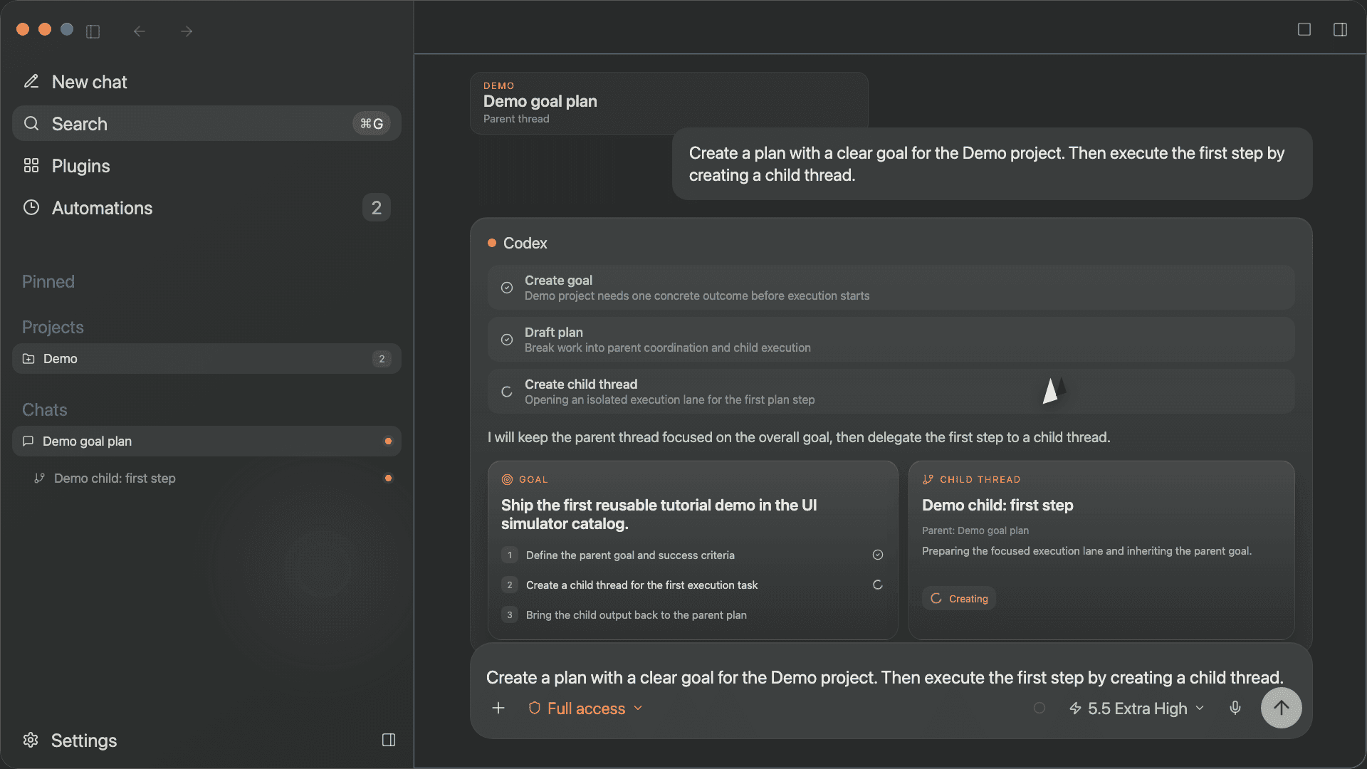 Recreated Codex interface showing a parent goal plan creating a child thread, with the child thread executing the first step.