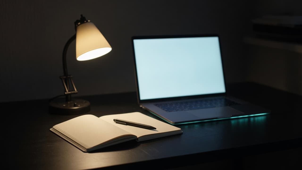 A tidy desk at night with an open laptop, a fresh notebook, and a warm desk lamp — day one with a new tool.
