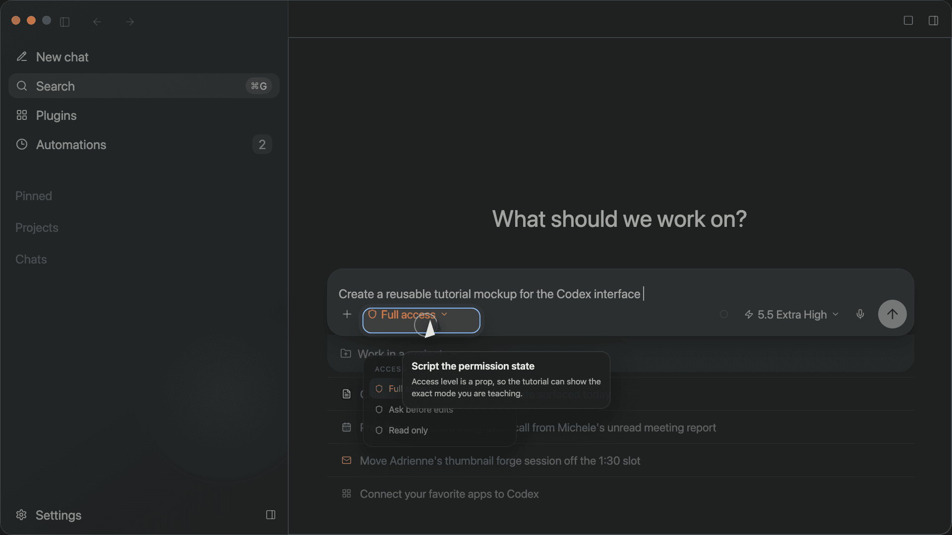 Recreated Codex home screen showing the composer with the permission picker open: Full access, Ask before edits, and Read only options.