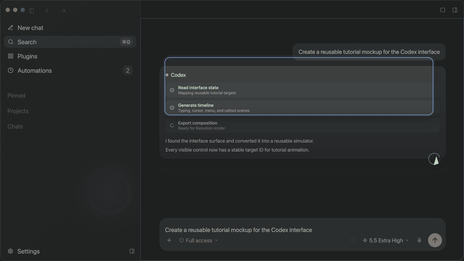 Recreated Codex interface showing a run in flight with a tool stream: reading interface state, generating a timeline, exporting a composition.
