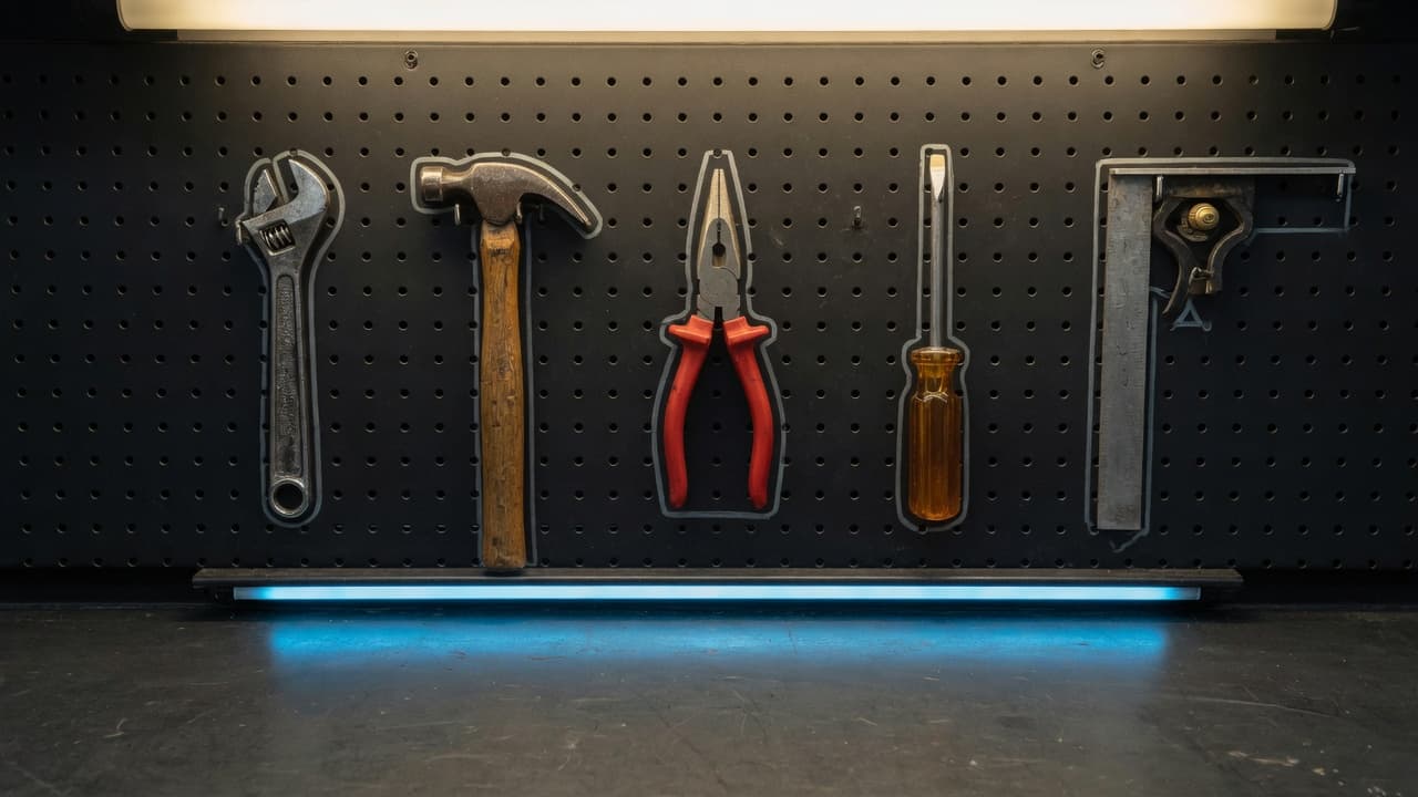 A workshop pegboard with five hand tools hung in a neat row, each in its outlined spot, lit by a cool accent strip.