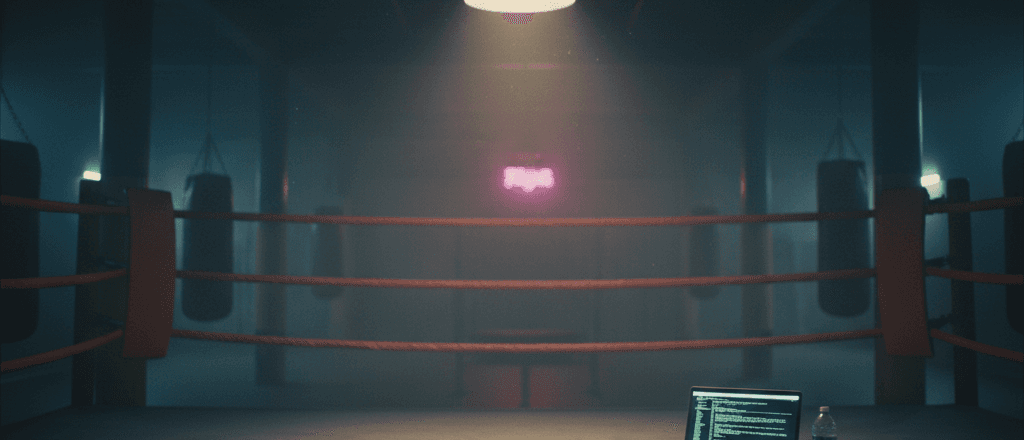 An empty boxing ring at night, a laptop glowing with terminal text on the apron
