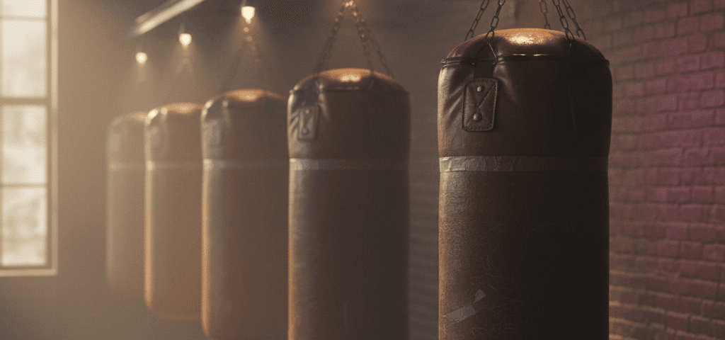 A row of identical heavy bags in a dark gym, each lit by its own overhead light