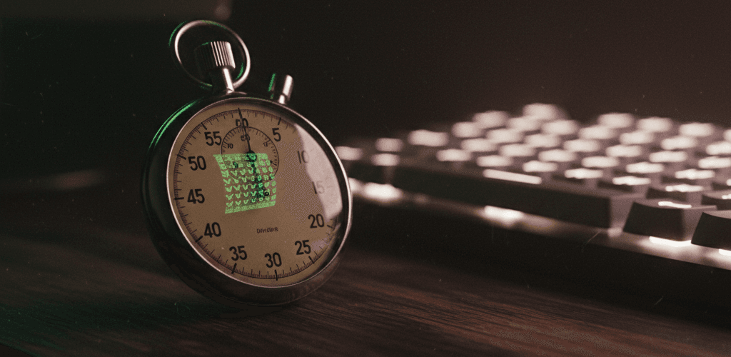 A stopwatch on a desk reflecting rows of green terminal checkmarks