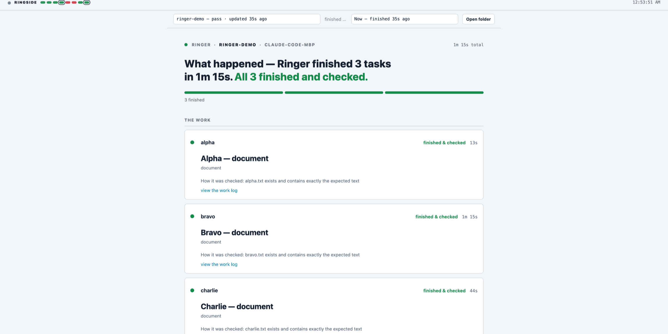Ringside in the browser: a finished demo run's results page showing three workers, each finished and checked, with deliverables and how each was verified
