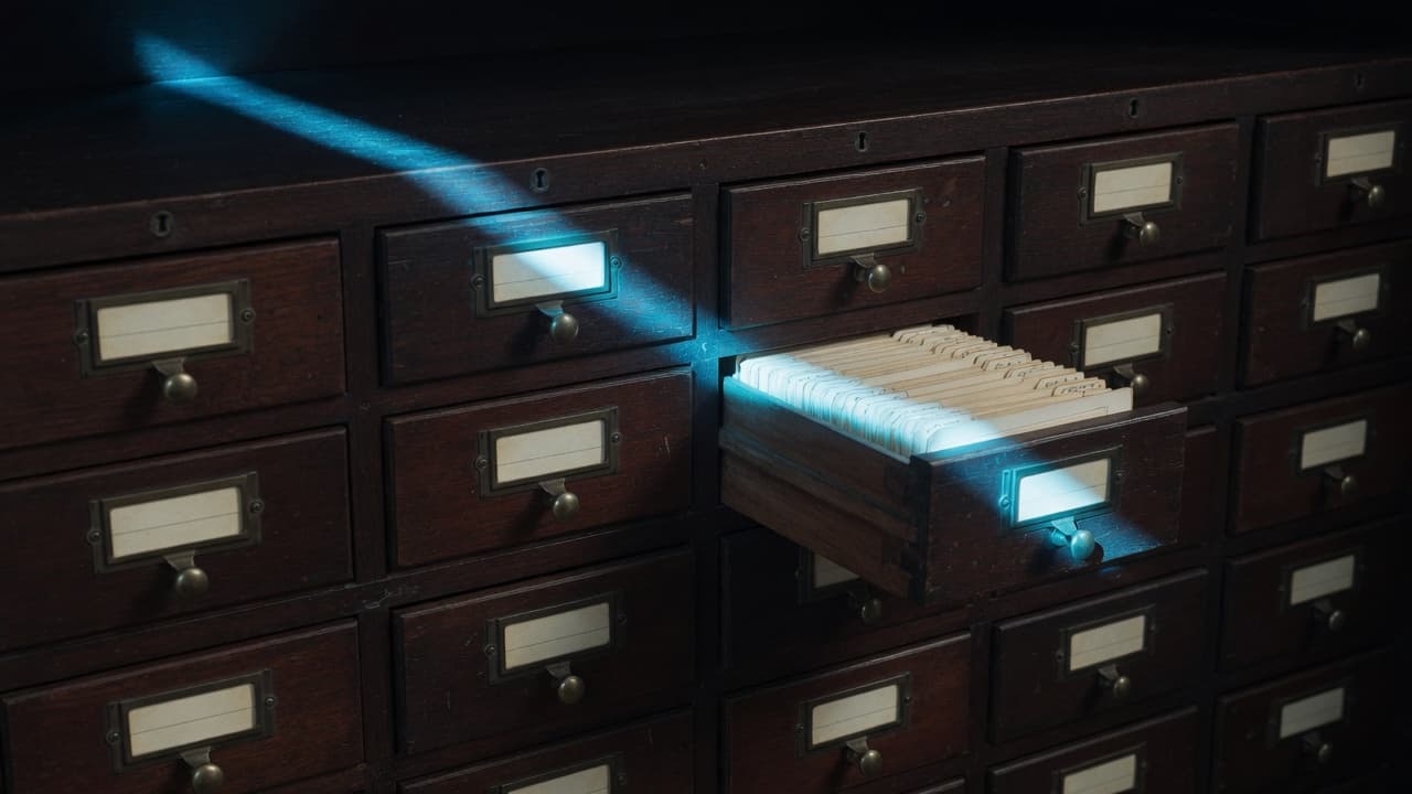 A realistic card catalog with one illuminated drawer, representing a personal skill library.